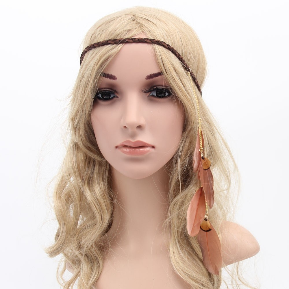 Braided headband with feathers, color Brown